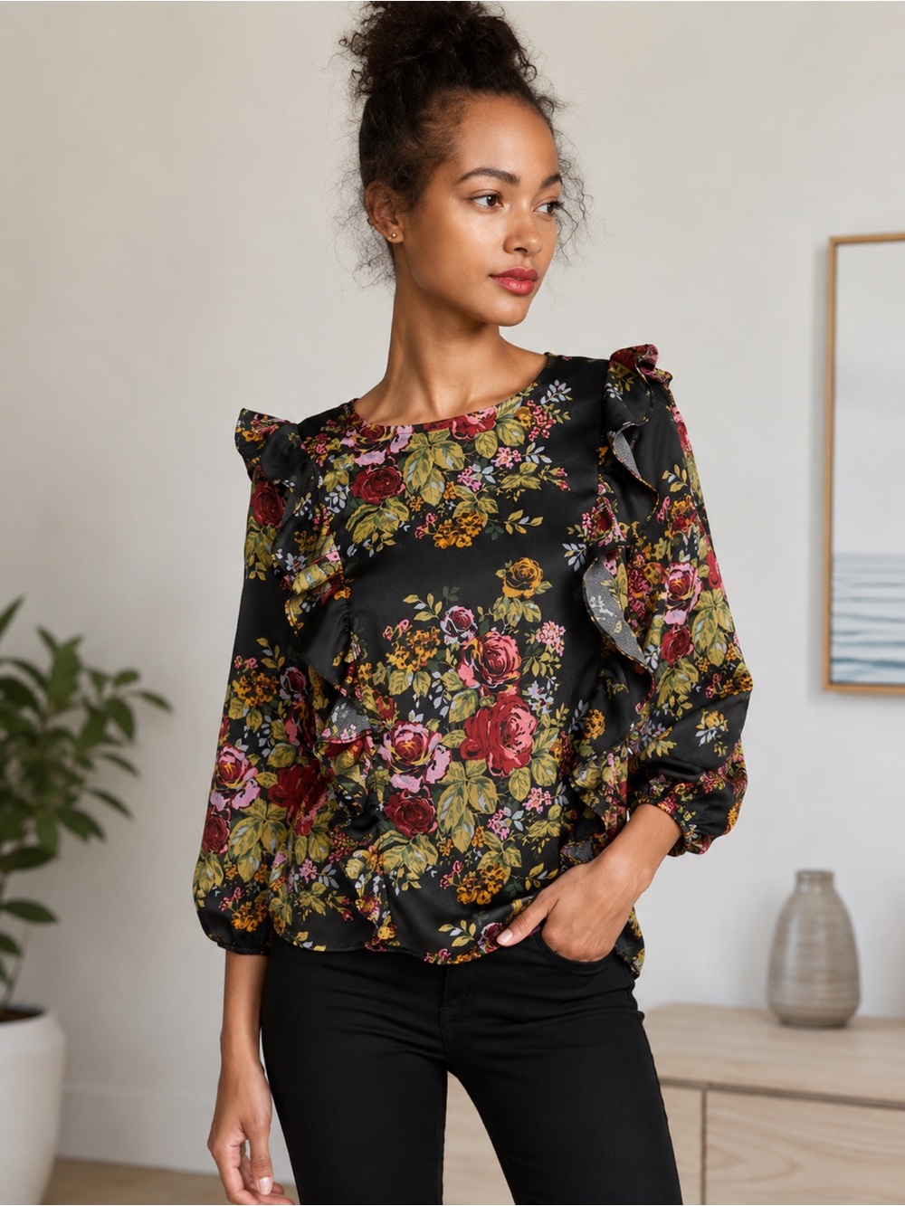 Revolve Likely Black Pink Floral Ruffled Blouse Womens Coquette Girly
